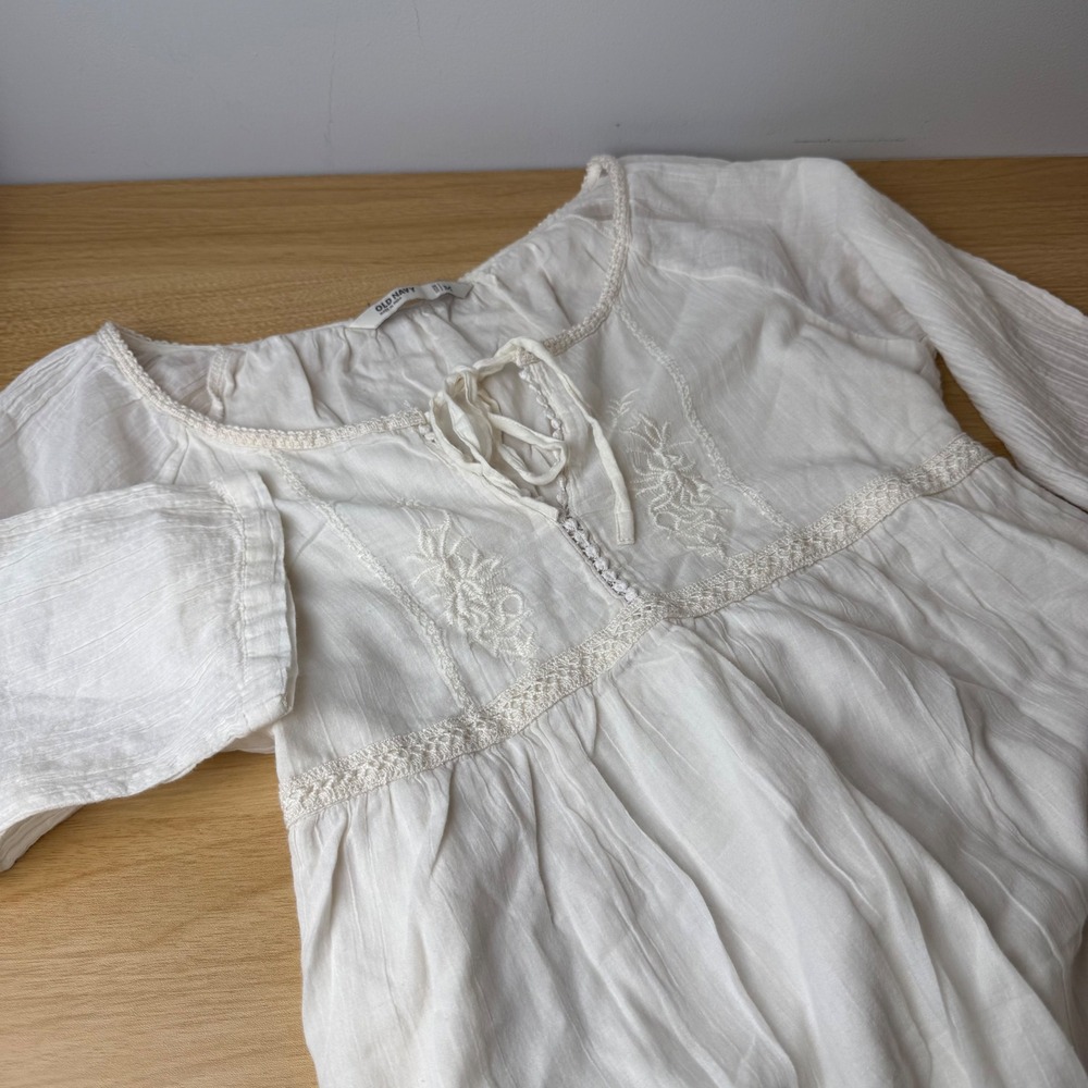 Y2K Old Navy Embroidered Boho Guaze Mini Dress Womens Size M Ivory Festival